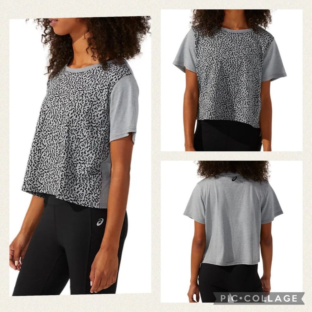 Asics L Gray Black Abstract Patterned Boxy Cropped Activewear T-Shirt Slit Sides
